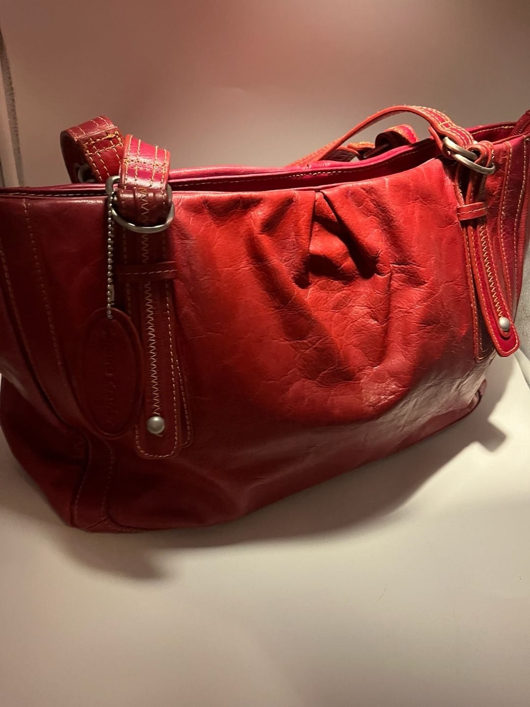 Pelle Studio Red Genuine Leather Shoulder Bag with Contrast Stitching