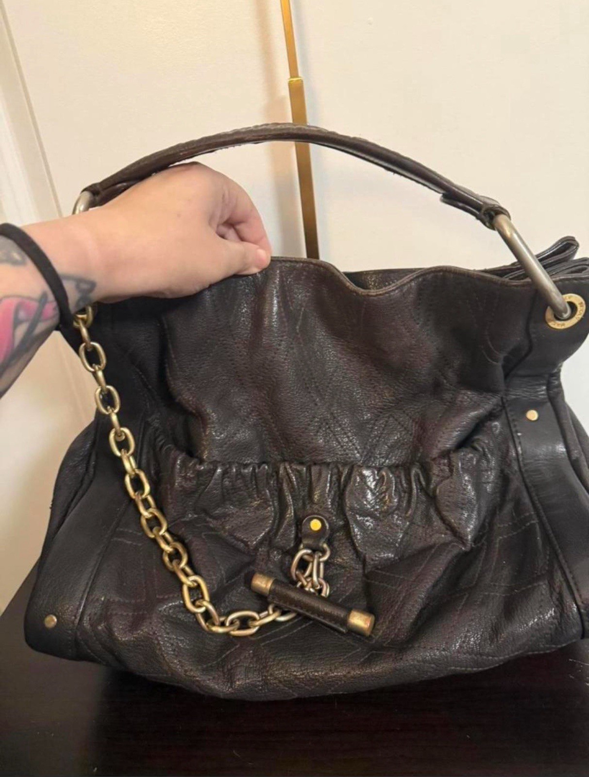Bally Brown Crescent Hobo Shoulder Bag Top Handle Gold Chain Unique Closure Logo