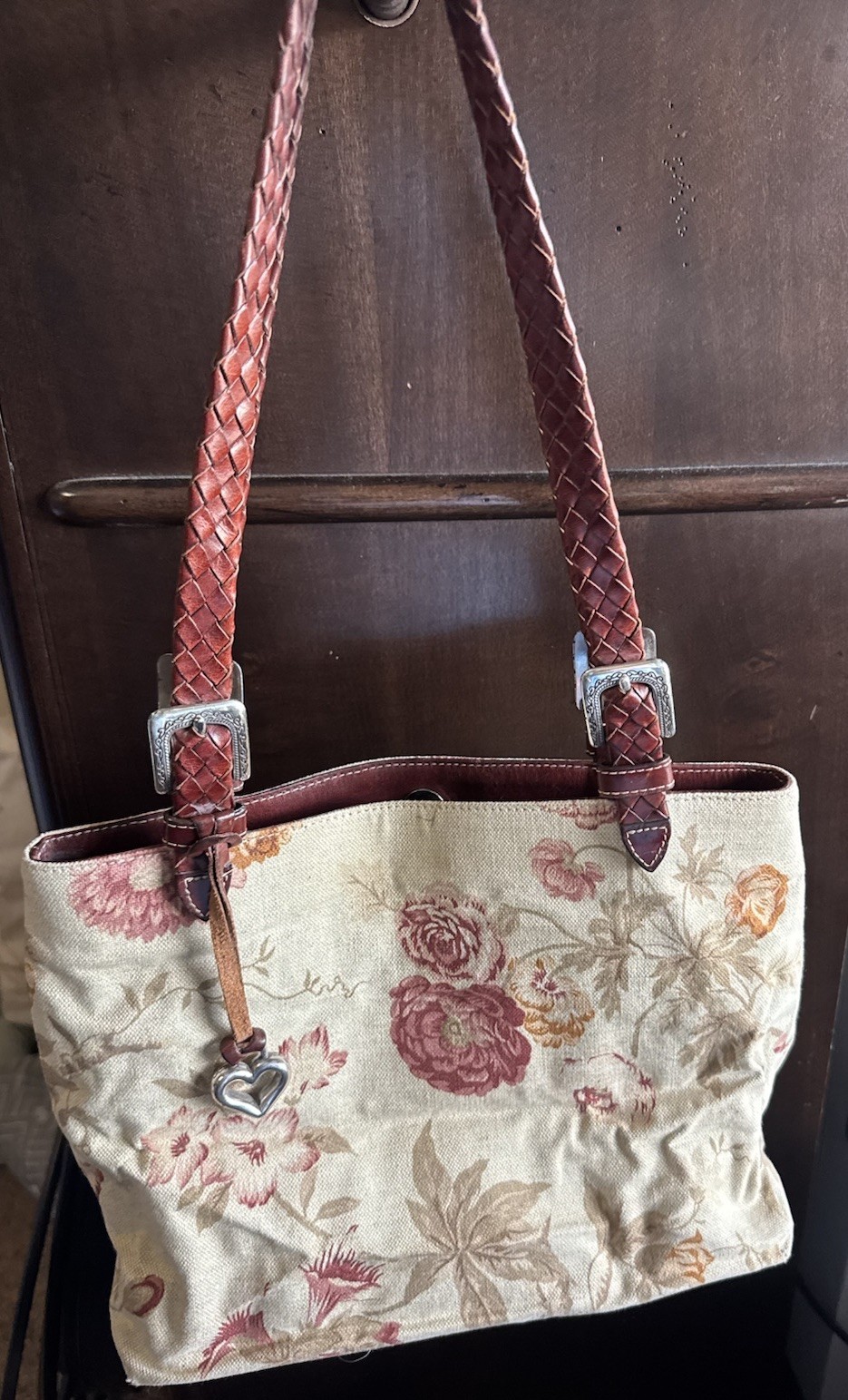 Brighton Floral Handbag With Braded Strap Brown Beige Red Excellent With Charm