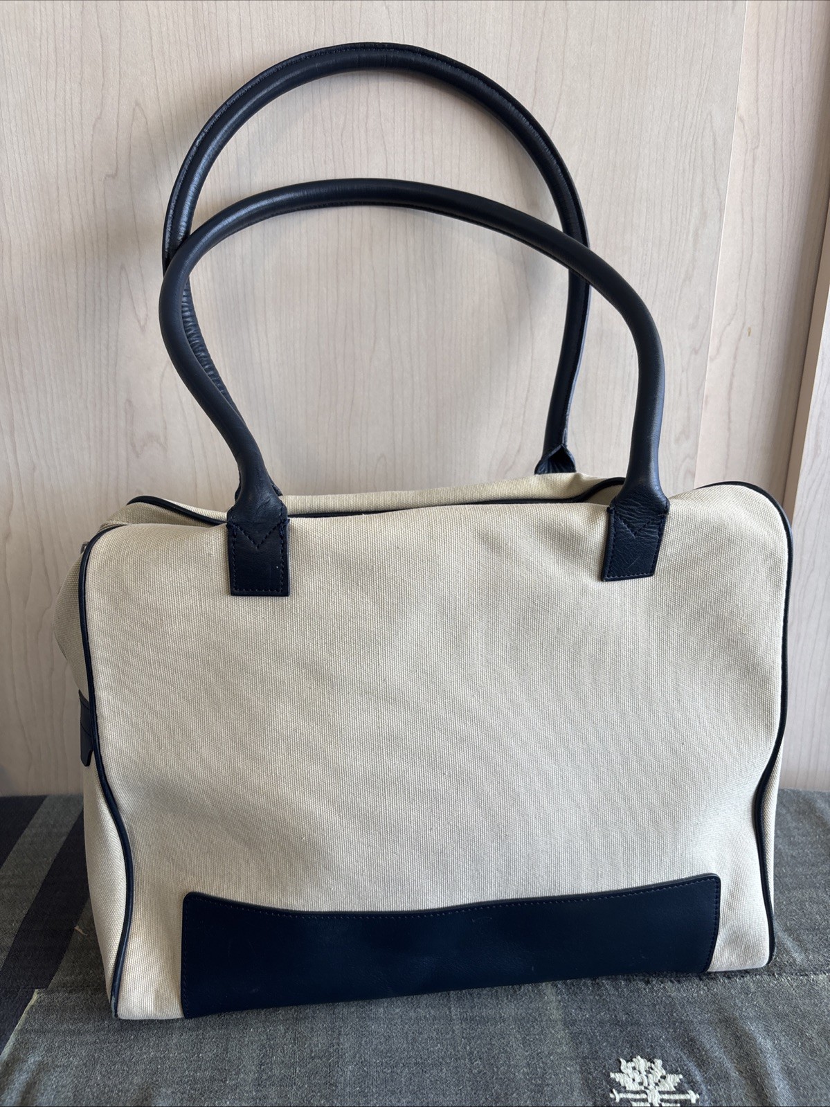 Brooks Brothers Women’s Navy Blue Leather Cream Canvas Satchel Top Handle Bag