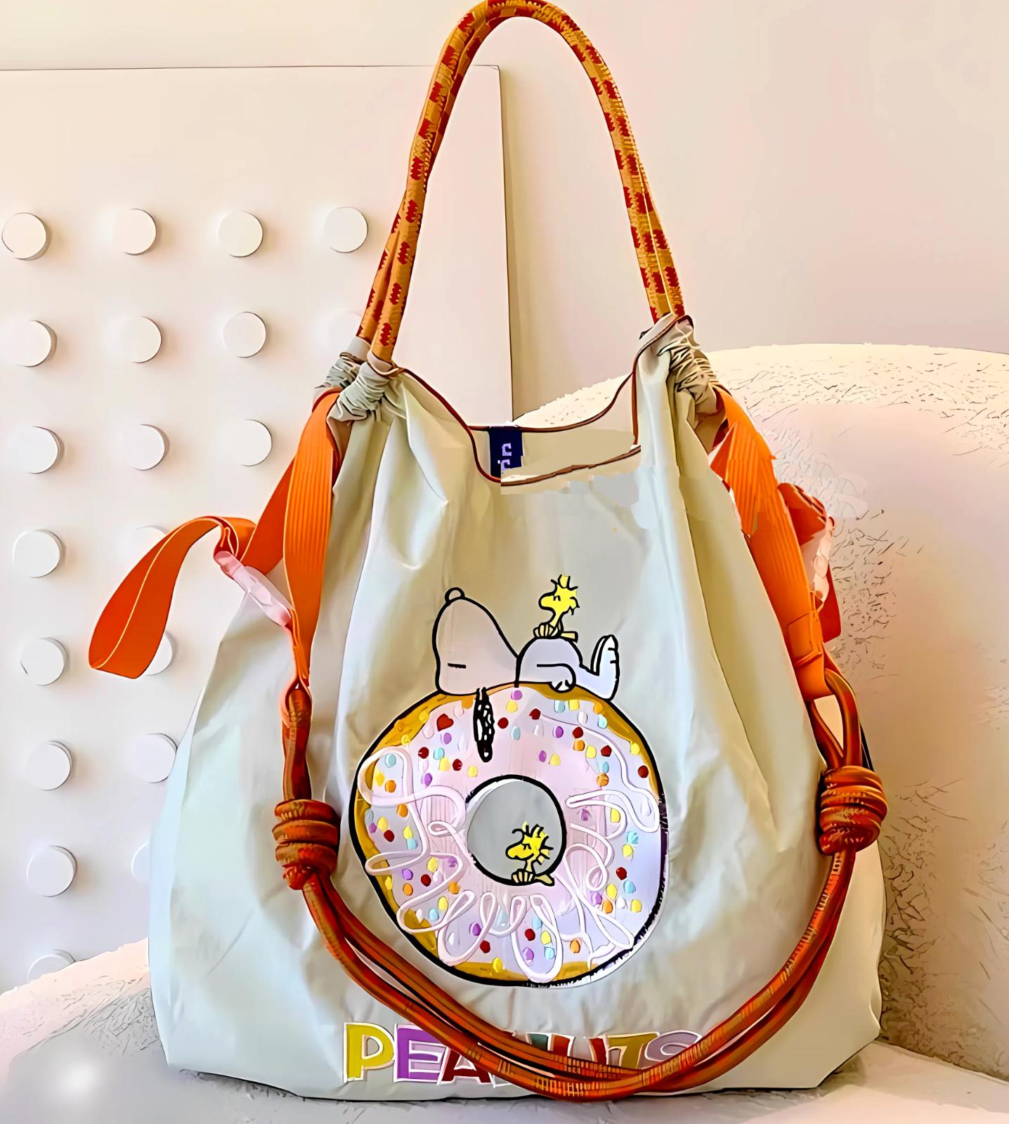 Peanuts Snoopy Ball & Chain Eco Bag Embroidered 2-Way Rope Strap Shopping Tote
