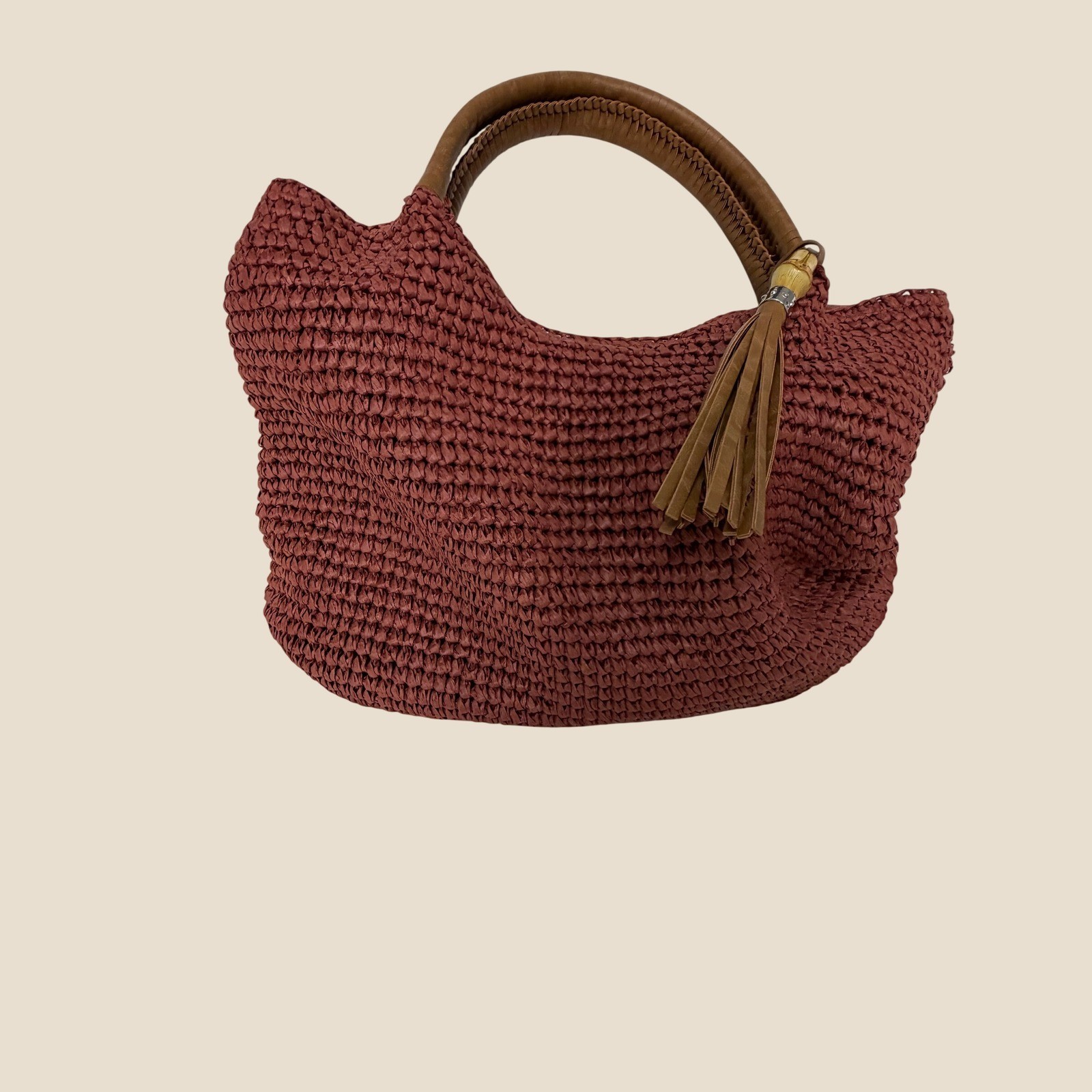Tommy Bahama Woven Straw Hobo Bag Terracotta Red Tassel Shoulder Bag Womens