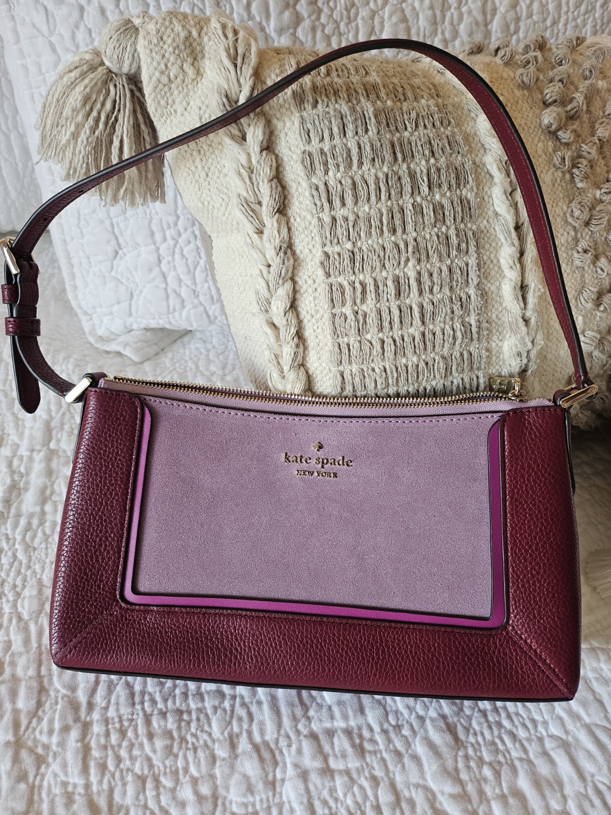 🆕 Kate Spade Lena Suede Leather Colorblock Blackberry Shoulder Bag Purse NWOT