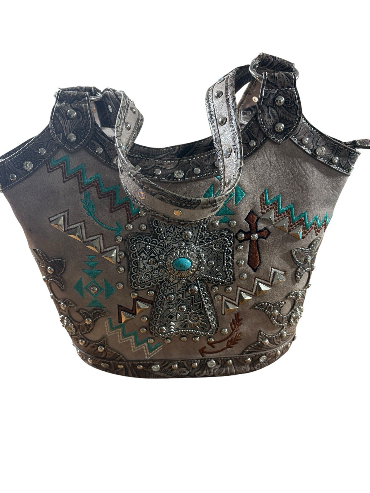 Cowgirl Trendy Tote Bag Concealed Weapon Rhinestone Studded Turquiose Southwest
