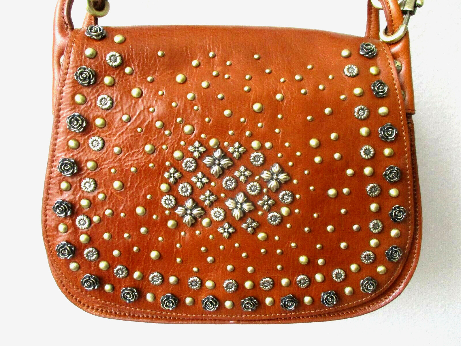 Patricia Nash Discovery Collection Avezzano Tan Leather Studded Satchel Bag $449