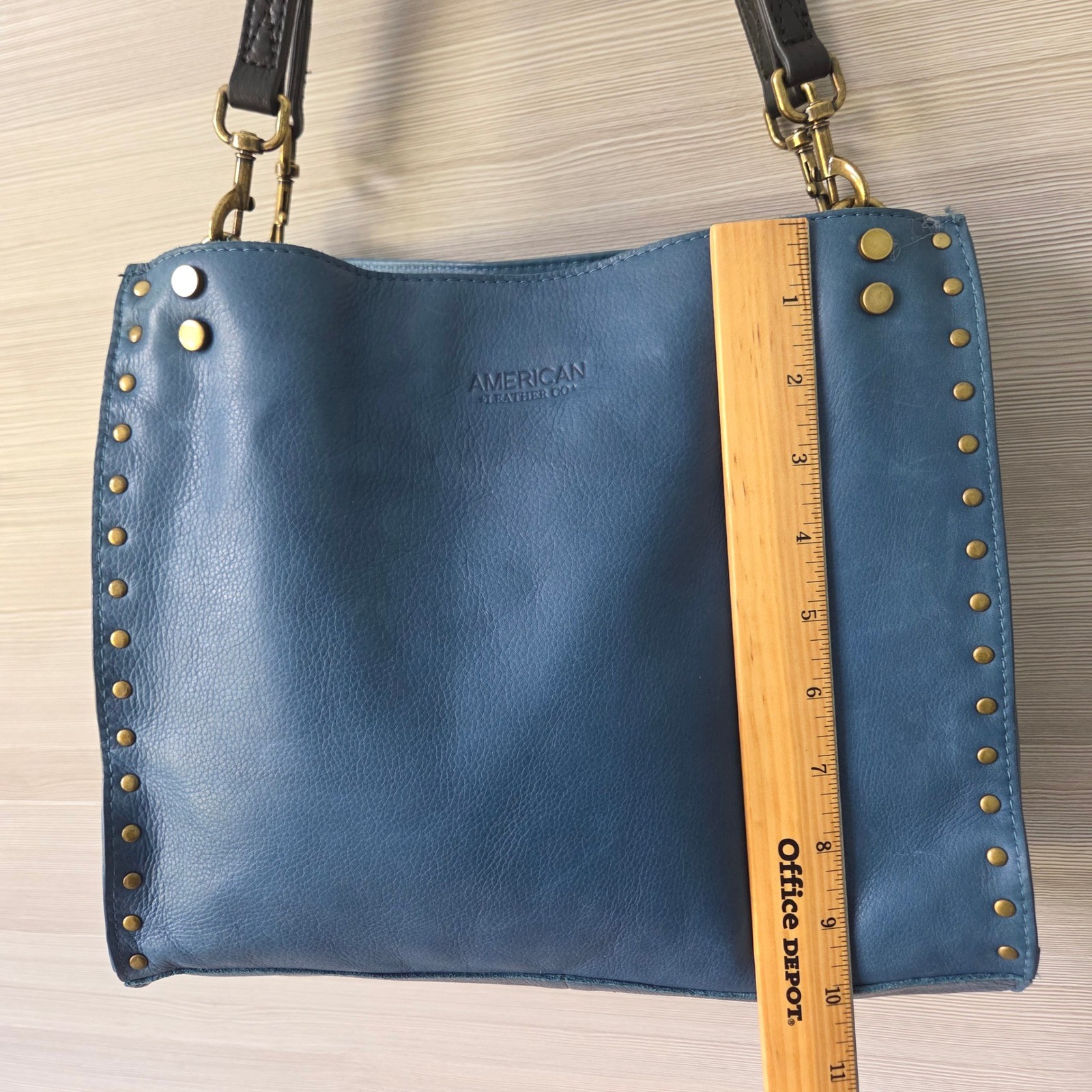 American Leather Co Studded Hobo Shoulder Bag Blue Pebble Leather Brass Studs
