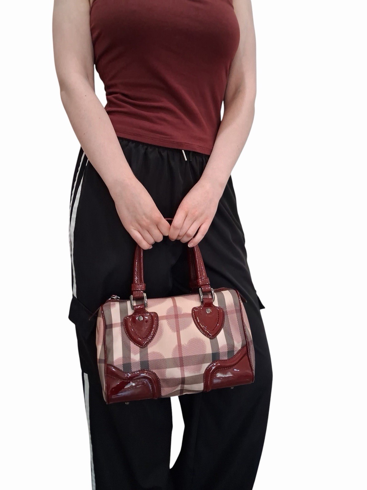 Authentic Burberry Nova Check Barrel Bowling Bag Burgundy Patent Leather