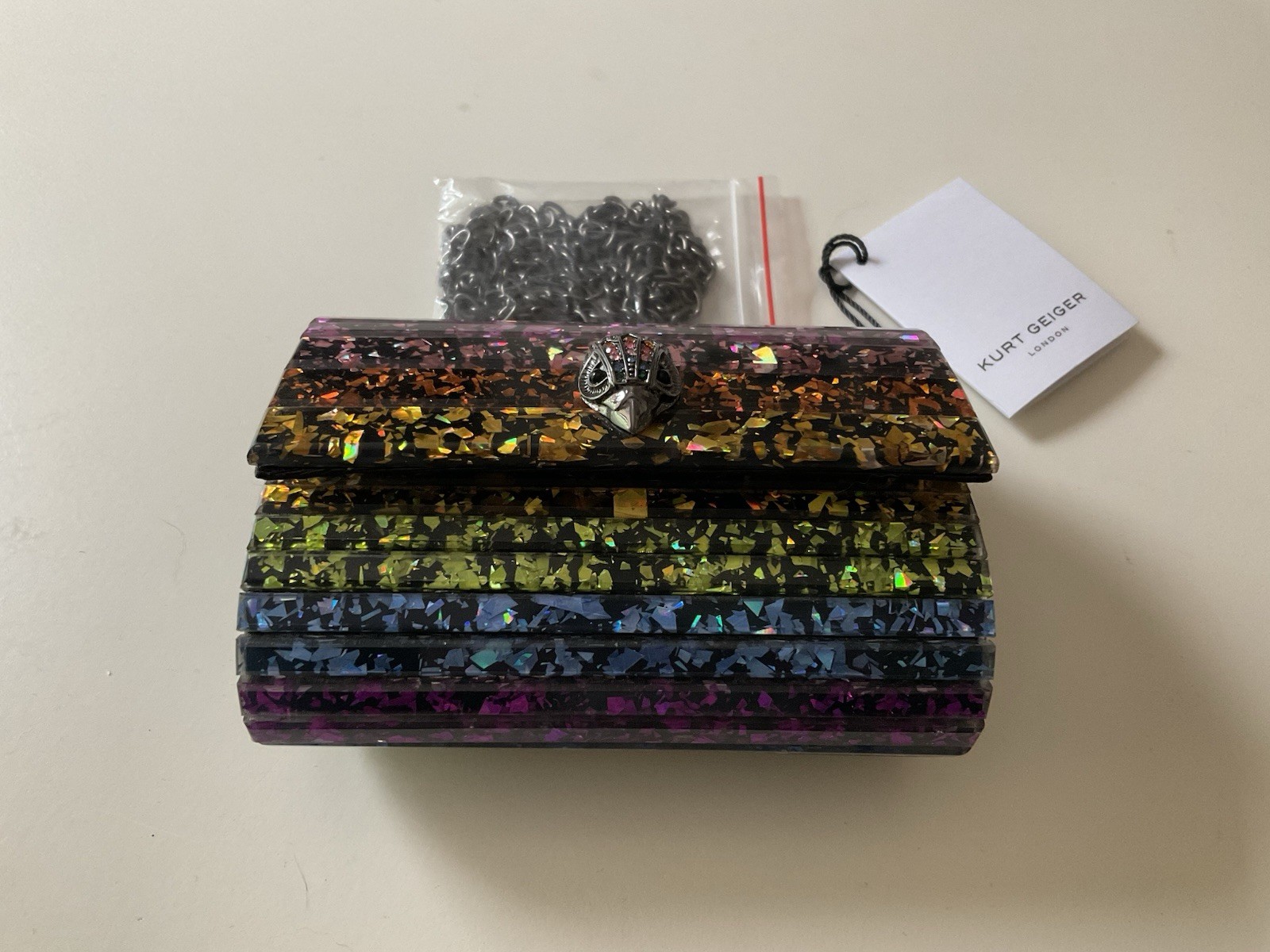 NWT Kurt Geiger Acrylic Iridescent Party Eagle Mini Clutch Bag Rainbow Colorful