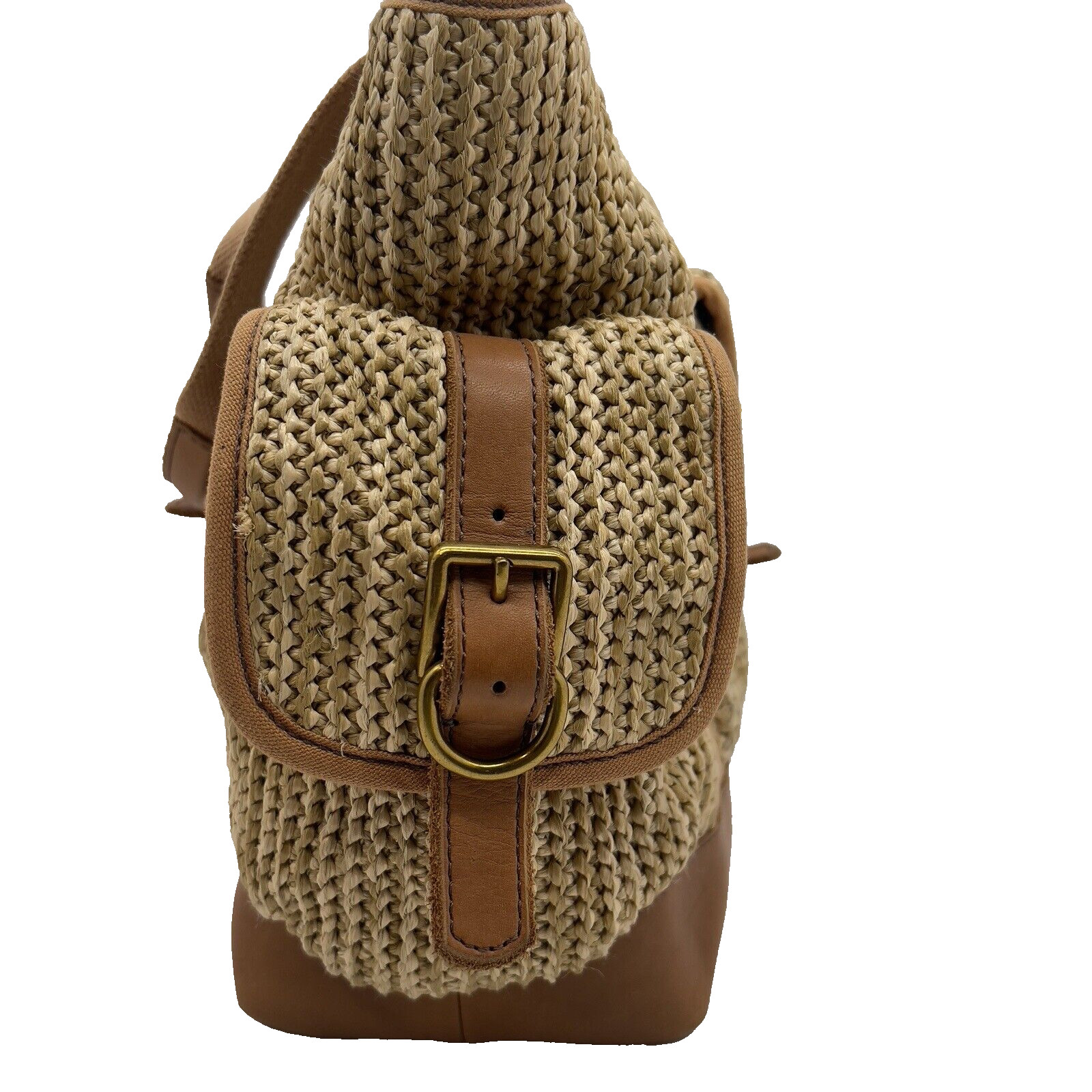 Fossil Handbag Large Weekend Raffia Natural Tote Bag Tan Leather Trim