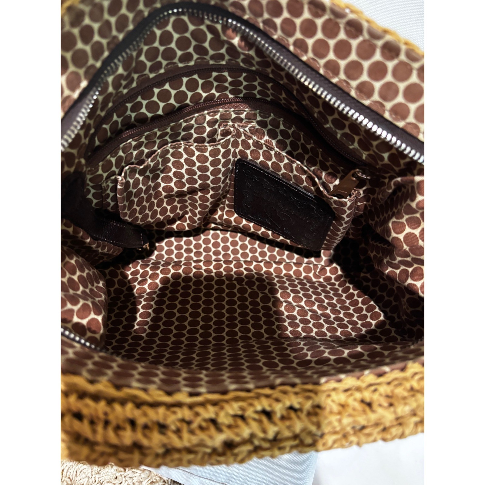 Brighton Woven Raffia Straw Crossbody purse Bag Tan Wood Buttons Heart Logo boho