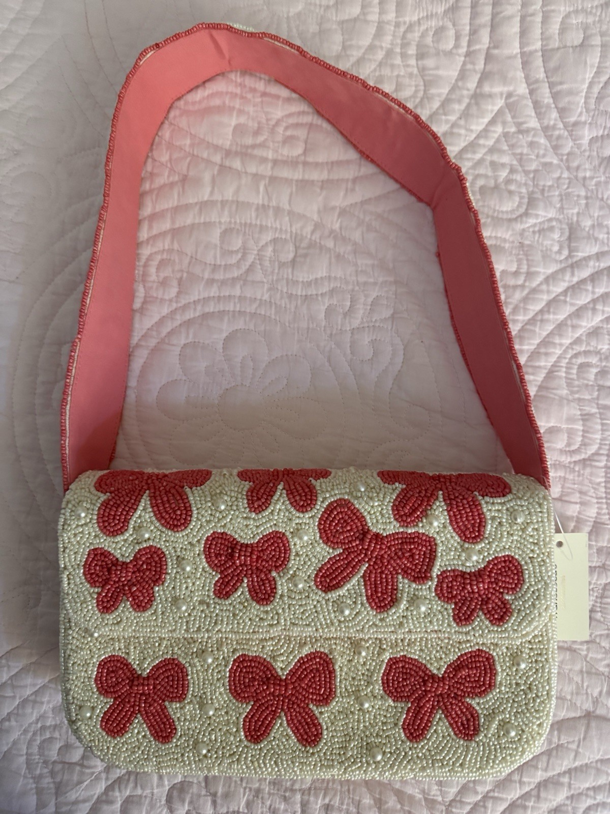 Francesca’s Beaded bag With Bows Pink And white