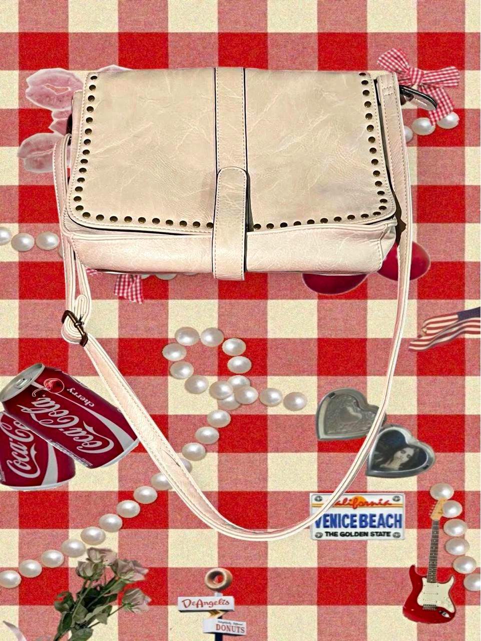 Women’s Beige Studded Flap Crossbody Bag, Adjustable Detachable Strap, Pockets