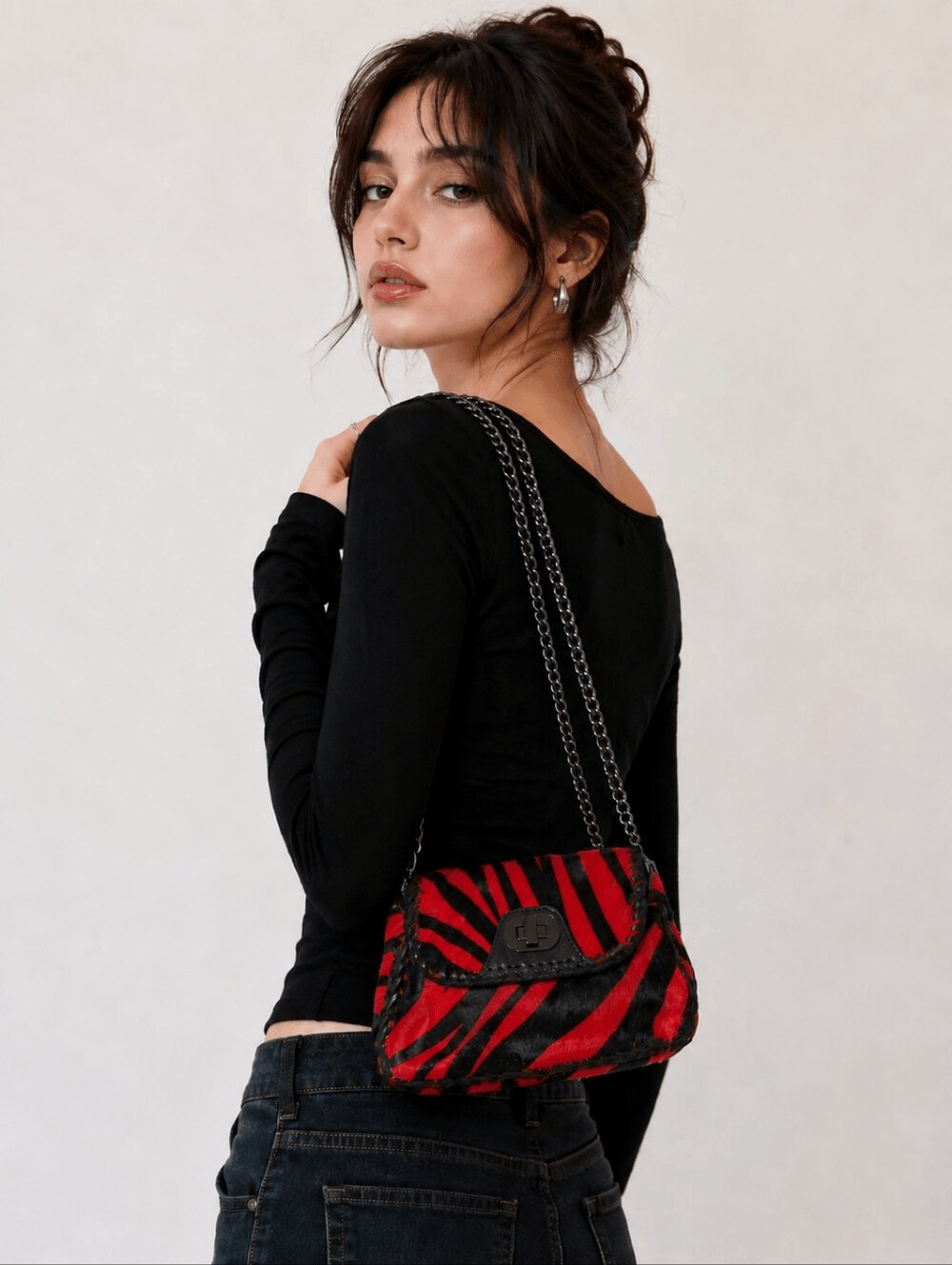 Badgley Mischka Red and Black Zebra-Print Calf Hair Chain Bag EUC Rare Design