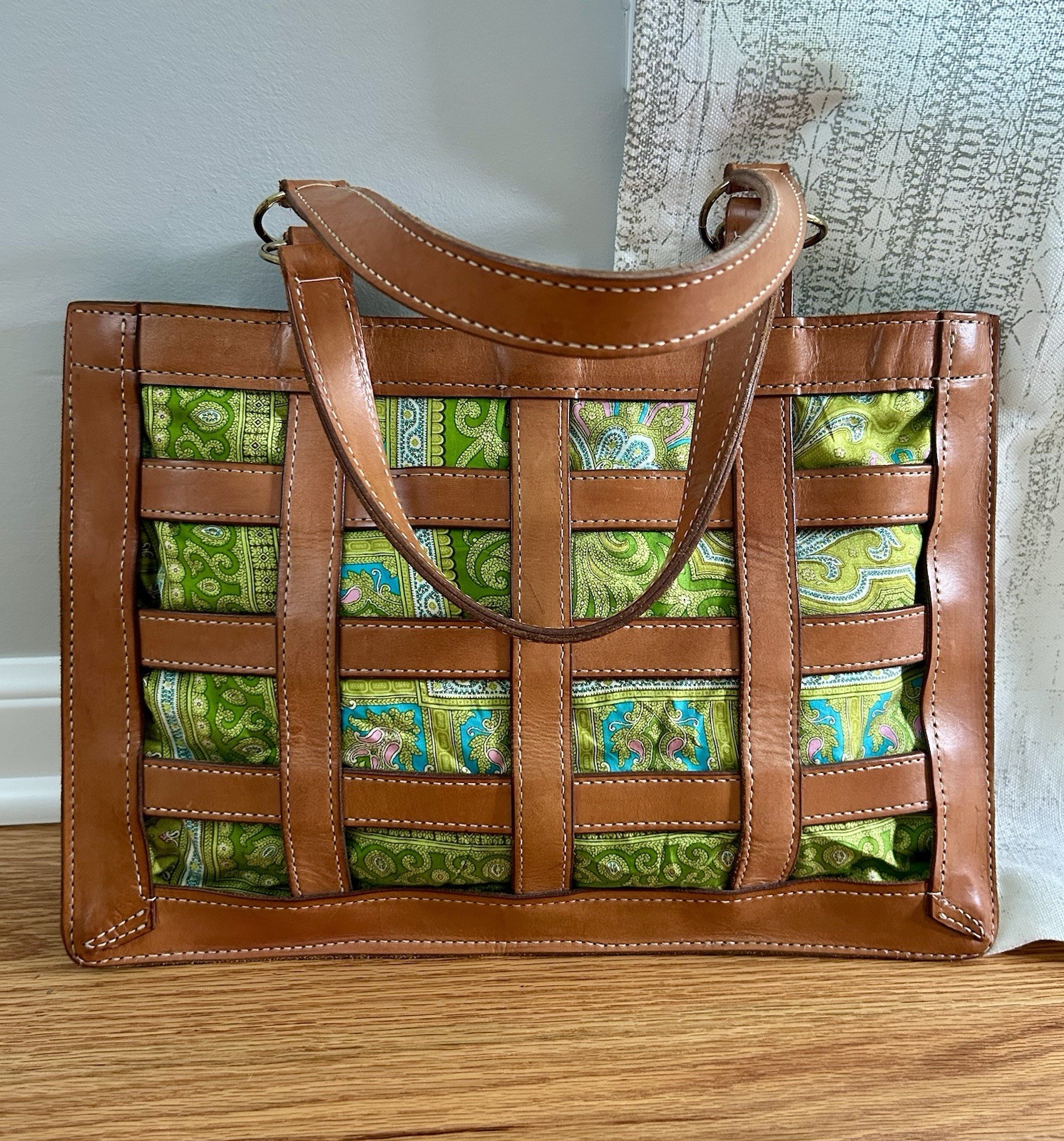 MITZI BAKER Woven Leather Satchel Purse Tech Tote Handbag Tan & Green RARE •L•EC