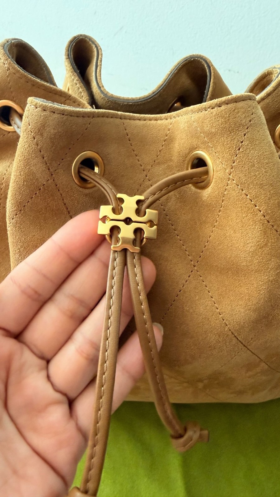 Tory Burch Charlie Quilted Drawstring Shoulder Bag Small Suede Toffee