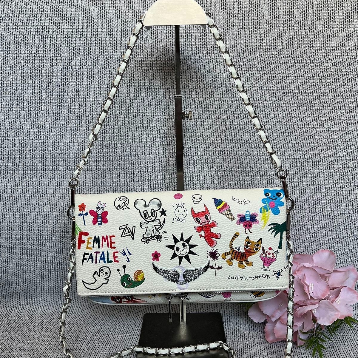 Zadig & Voltaire Style White Cartoon Graffiti Crossbody Bag Crystal Wing Silver