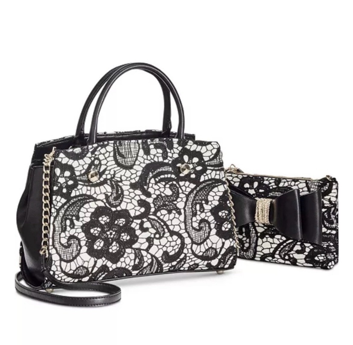 Black & White Floral Lace Satchel Top Handle Bag Adjustable Strap Zip Pouch