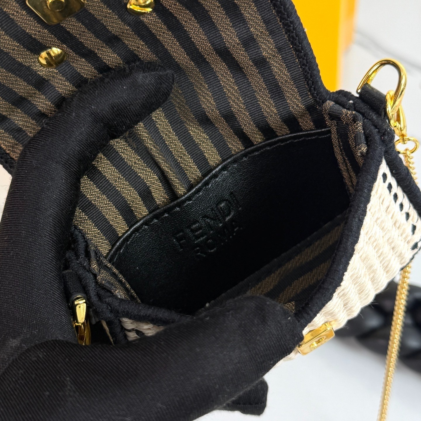 Fendi Nano Baguette Mini Raffia Crossbody Bag Woven Beige Black Chain Strap