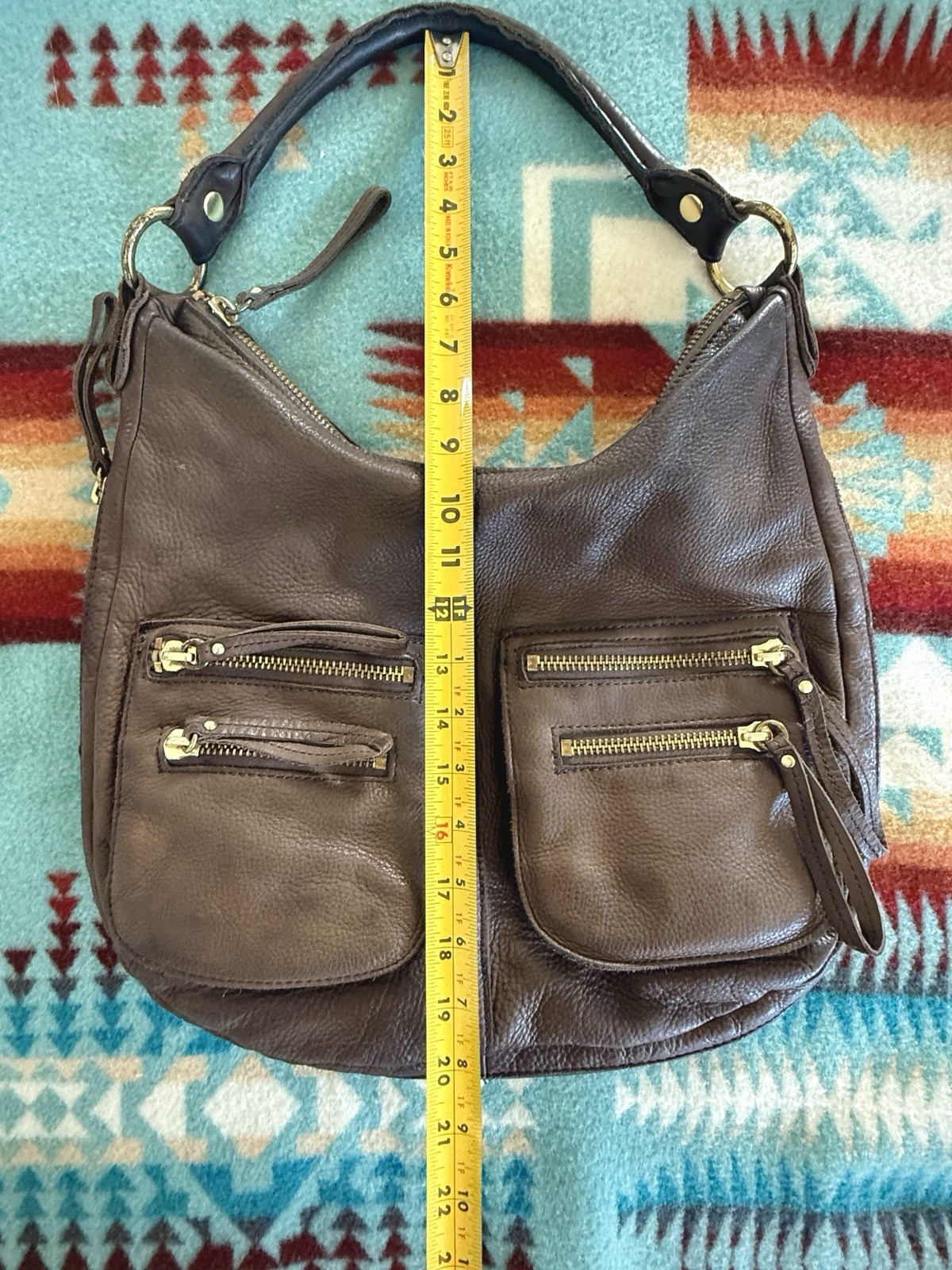 Linea Pelle Dylan Brown Pebbled Leather Hobo Moto Shoulder Bag Large Zip Pockets