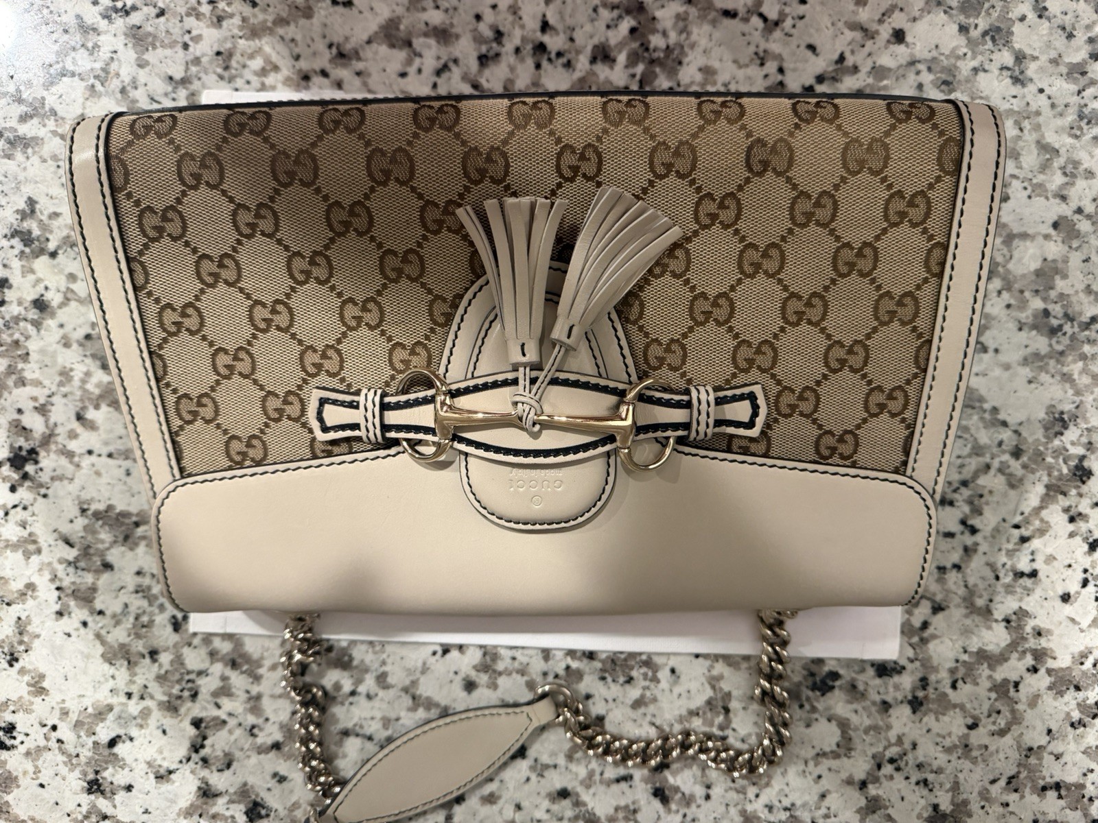 Gucci Emily Horsebit GG Canvas Leather Shoulder Bag White SA