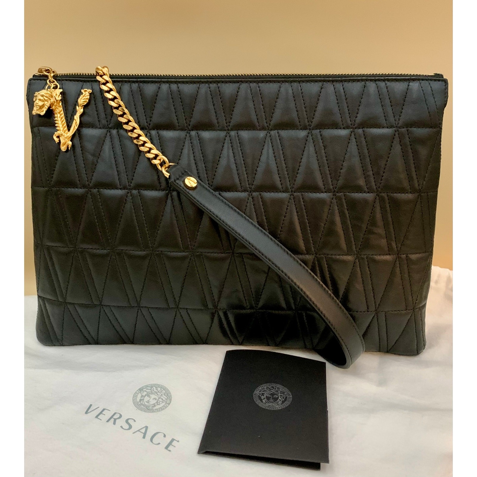 VERSACE Virtus V Bag Black Shoulder Crossbody Clutch Quilted Strap Authentic NEW