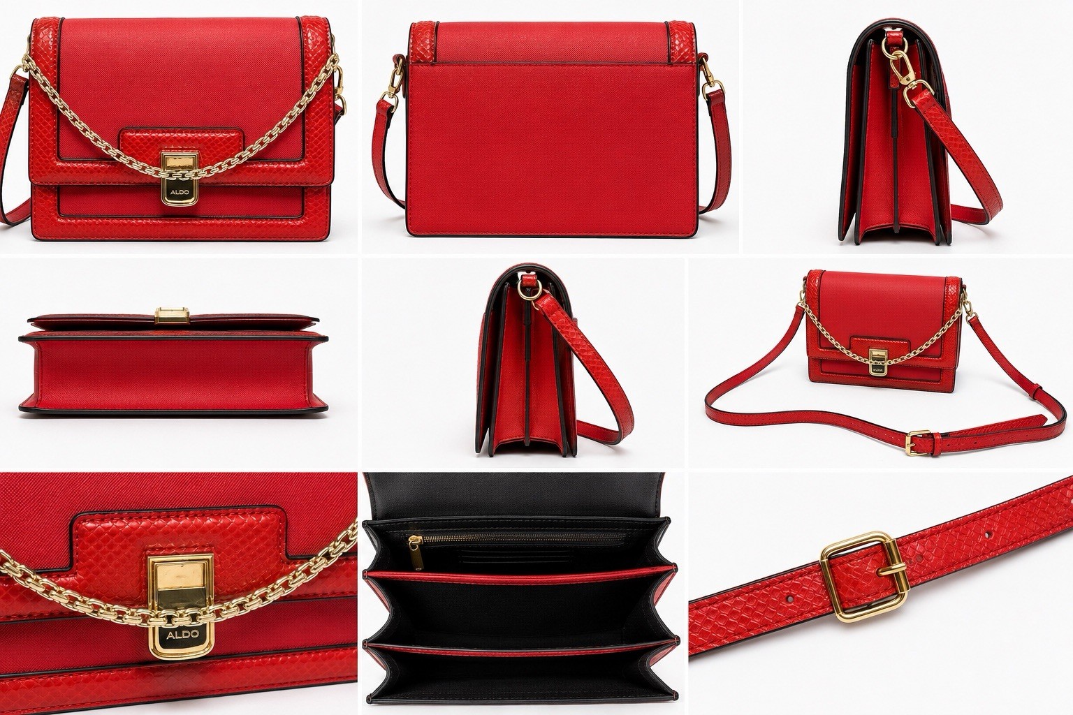 ALDO Red and Black Flap Satchel Cross Body Purse Gold Chain Trim AnnieBrook