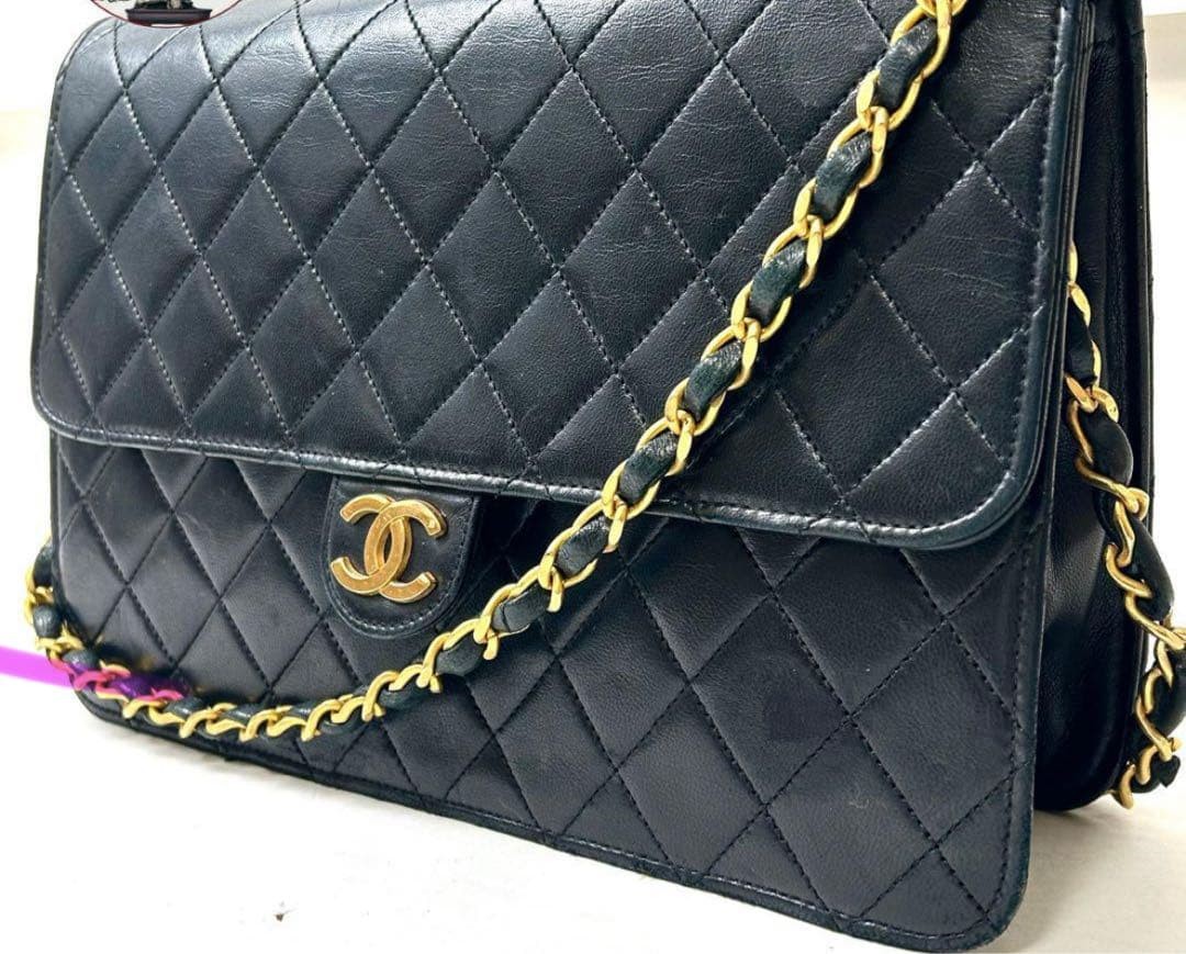 Chanel Matelasse CC Logo Single Flap Chain Shoulder Bag Black Leather Gold Good