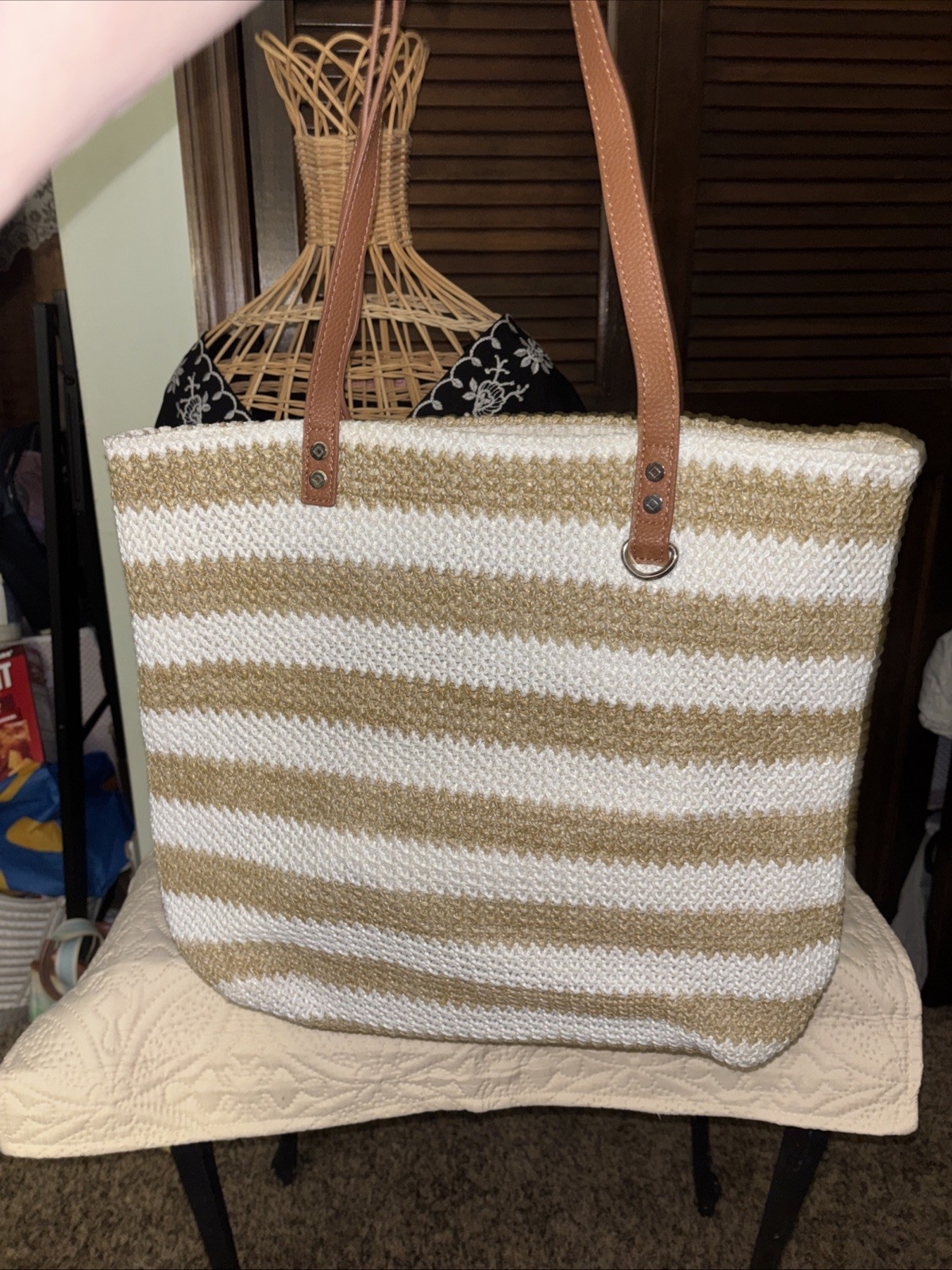 Jewell Thirty One Tote Bag Around Town Tan White Stripe Straw Bag Coastal