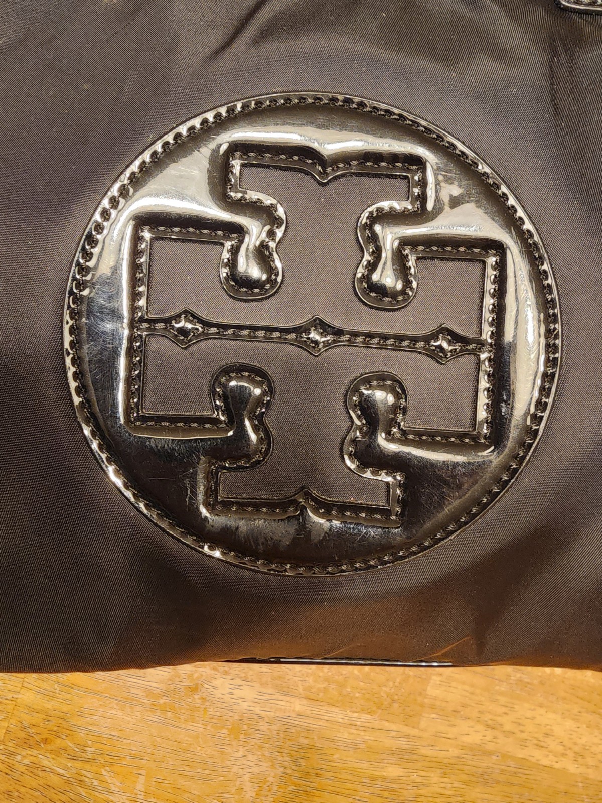 Authentic Tory Burch Black Nylon Ella Tote with Patent Logo and Gold Hardware