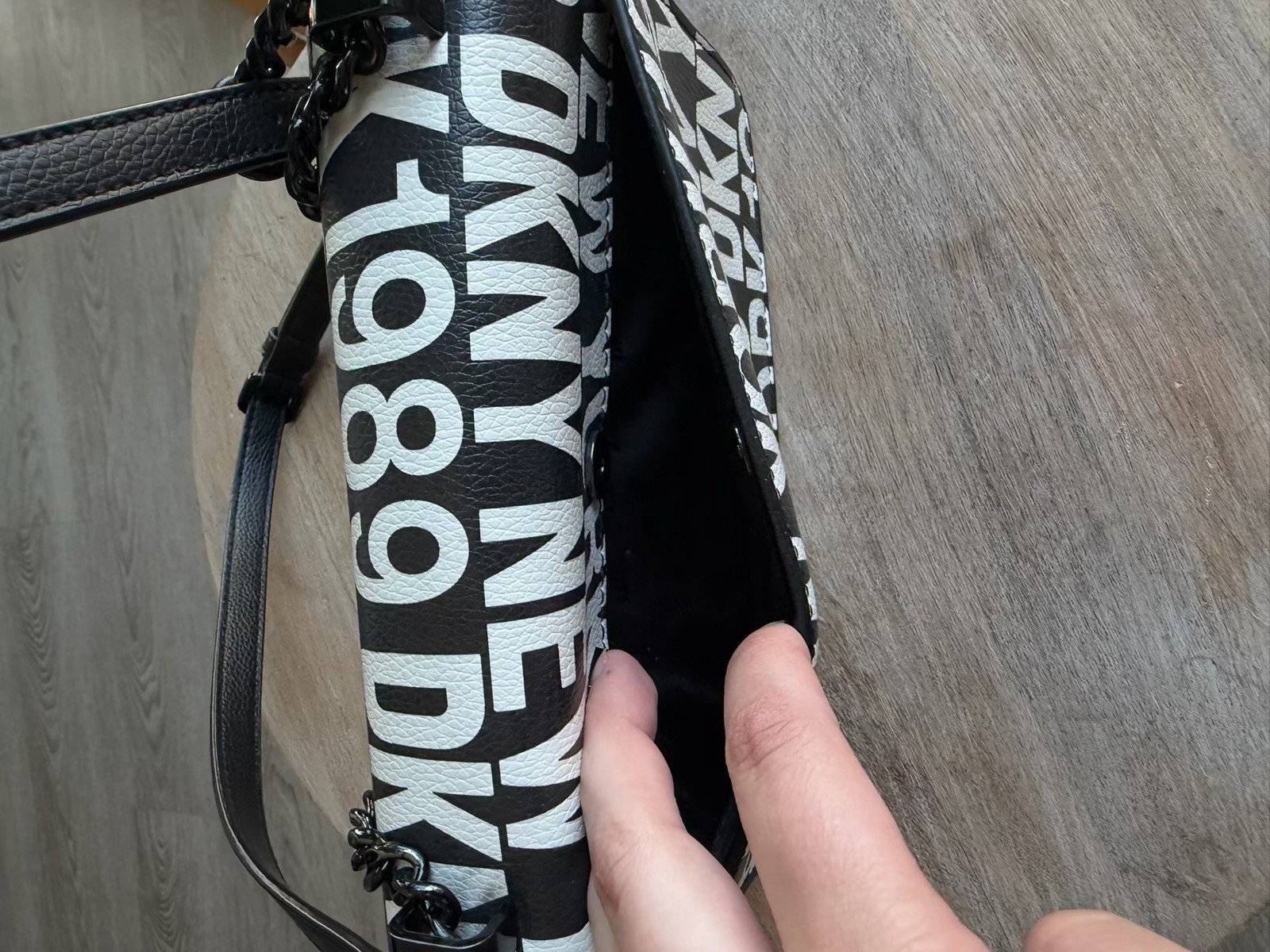 DKNY Black & White Logo Print Crossbody Bag Chain Strap Magnetic Padlock