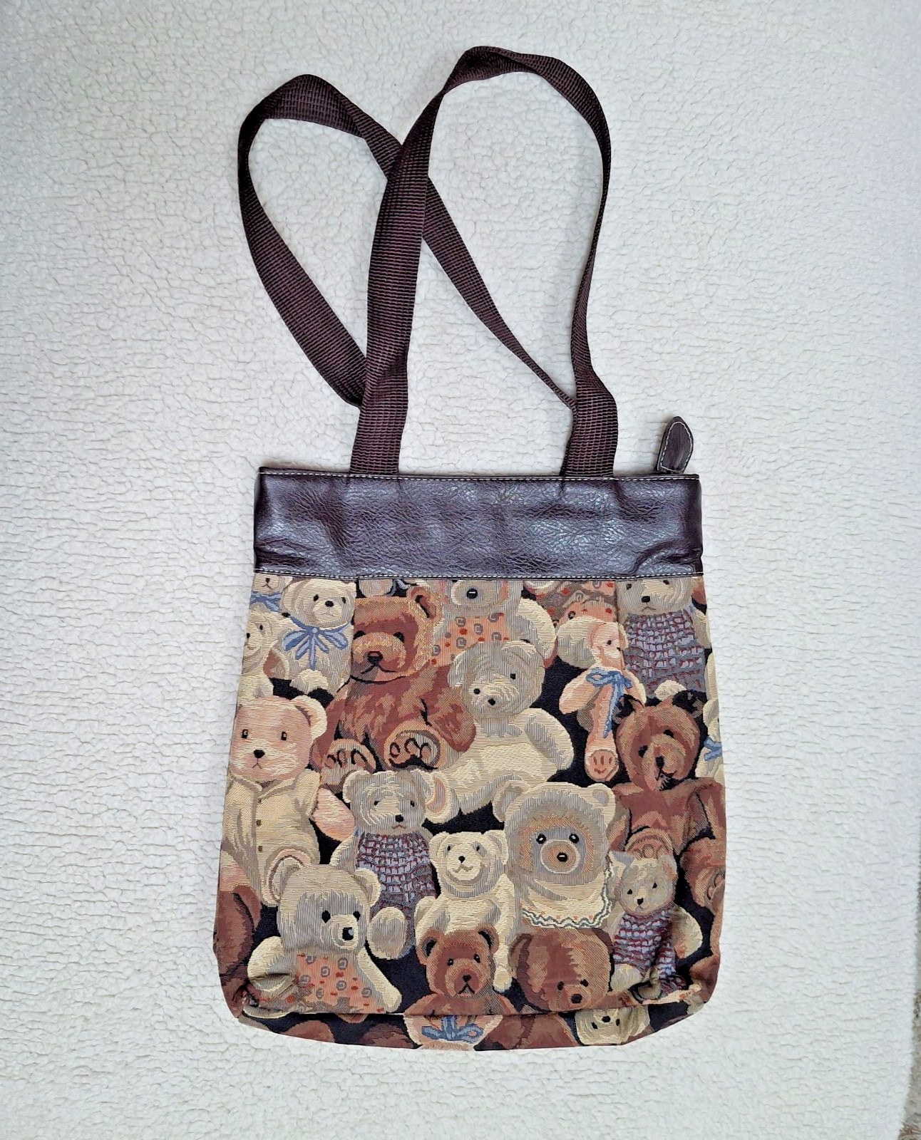 Vintage Teddy Bear Themed Tapestry Tote Shoulder Bag Gobelin Weave