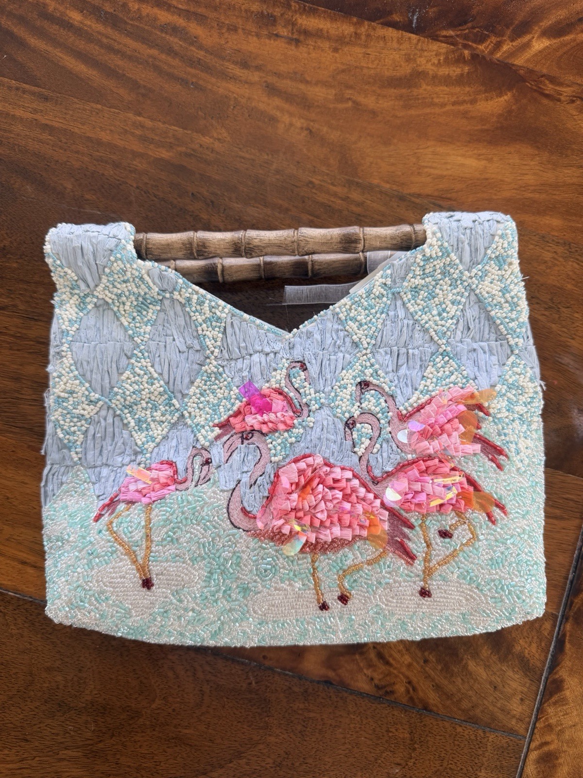 Viral Handmade Beaded Flamingo Top Handle Bag