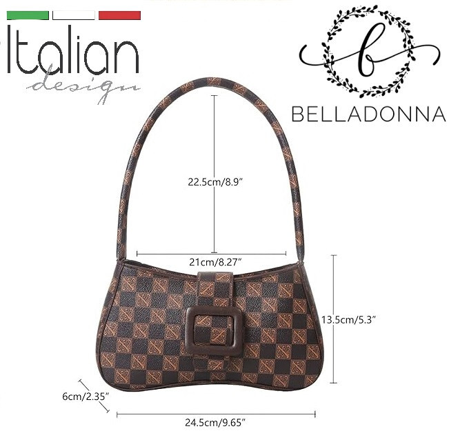 Italian Style Checkered Bag Purse Women Shoulder Top Handle Brown Vegan Leather