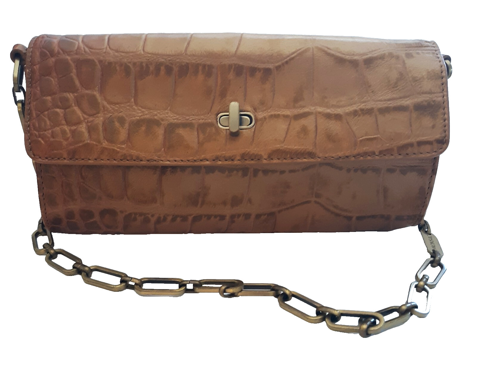 Monsac Turnlock Handbag Clutch Chain Brass Tone Hardware Cognac Croc Embossed