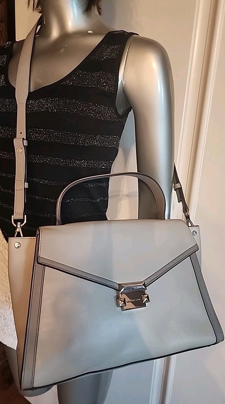 Michael Kors Whitney Large Top Handle Leather Satchel in Aluminum/Pearl Grey