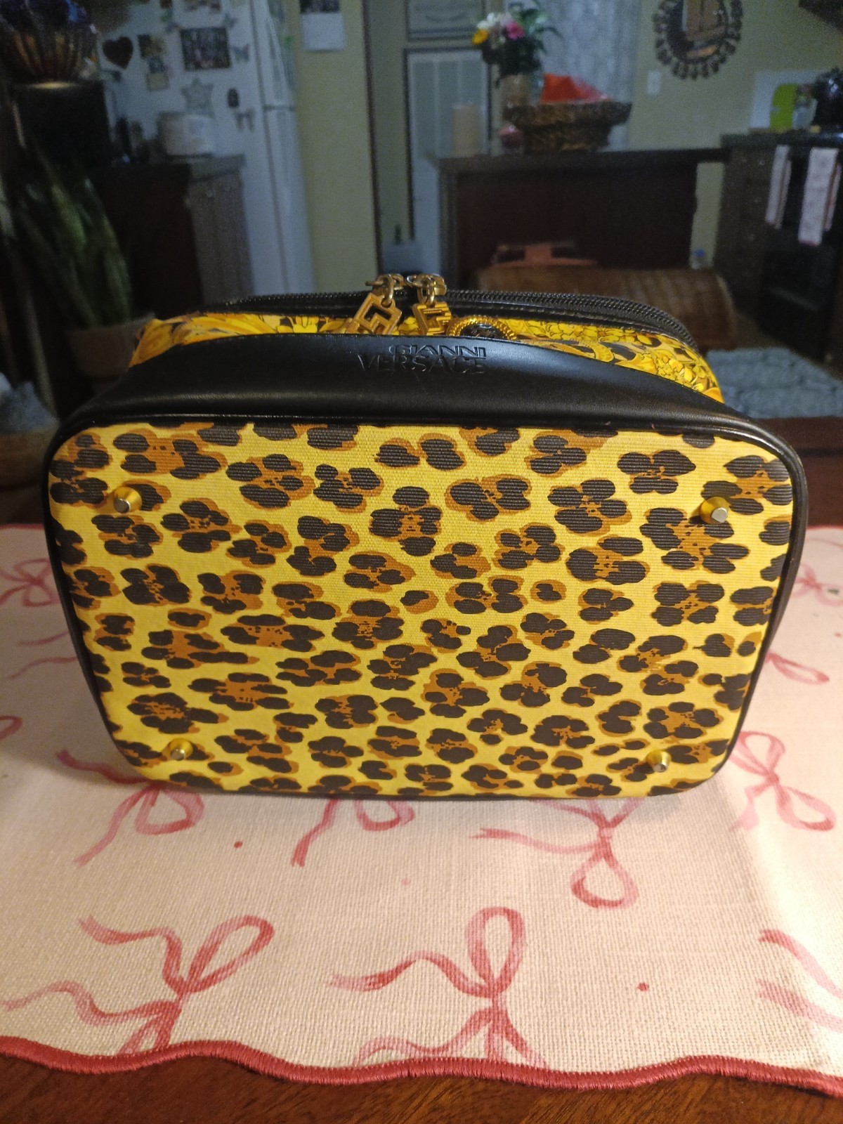 Versace Vanity Bag Yellow Sunburst Canvas Leather Mirror Gold Hardware Italy