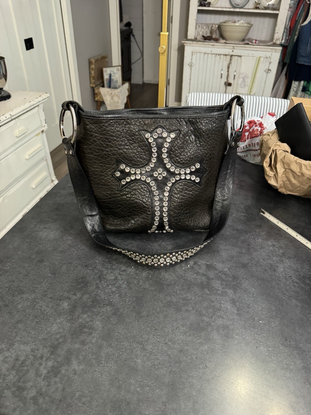 Raviani Bucket bag in Black Leather Crystal Cross & Straps (USA)