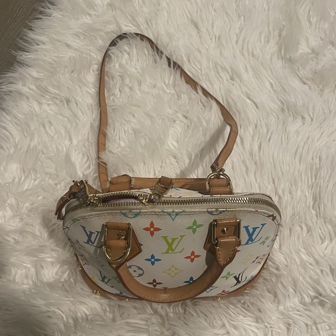 Louie White/Multicolor Monogram Studded Dome Satchel Zip Top Brown Trim Strap