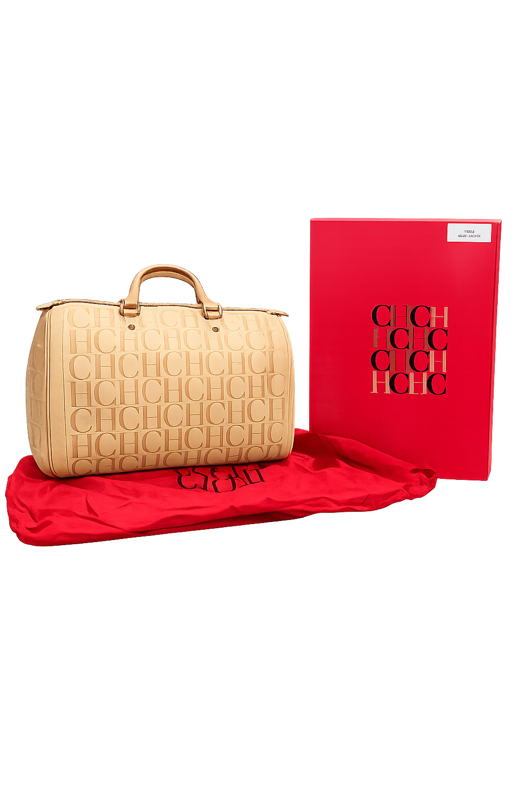 Carolina Herrera Andy Large Boston Bag – Beige Monogram Embossed Leather