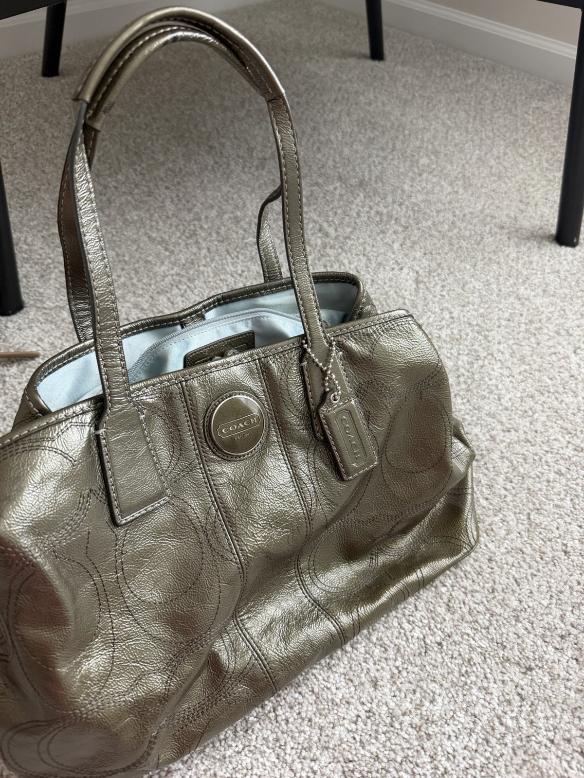 Coach Metallic Bronze Signature Embossed Patent Leather Kisslock Tote Handbag