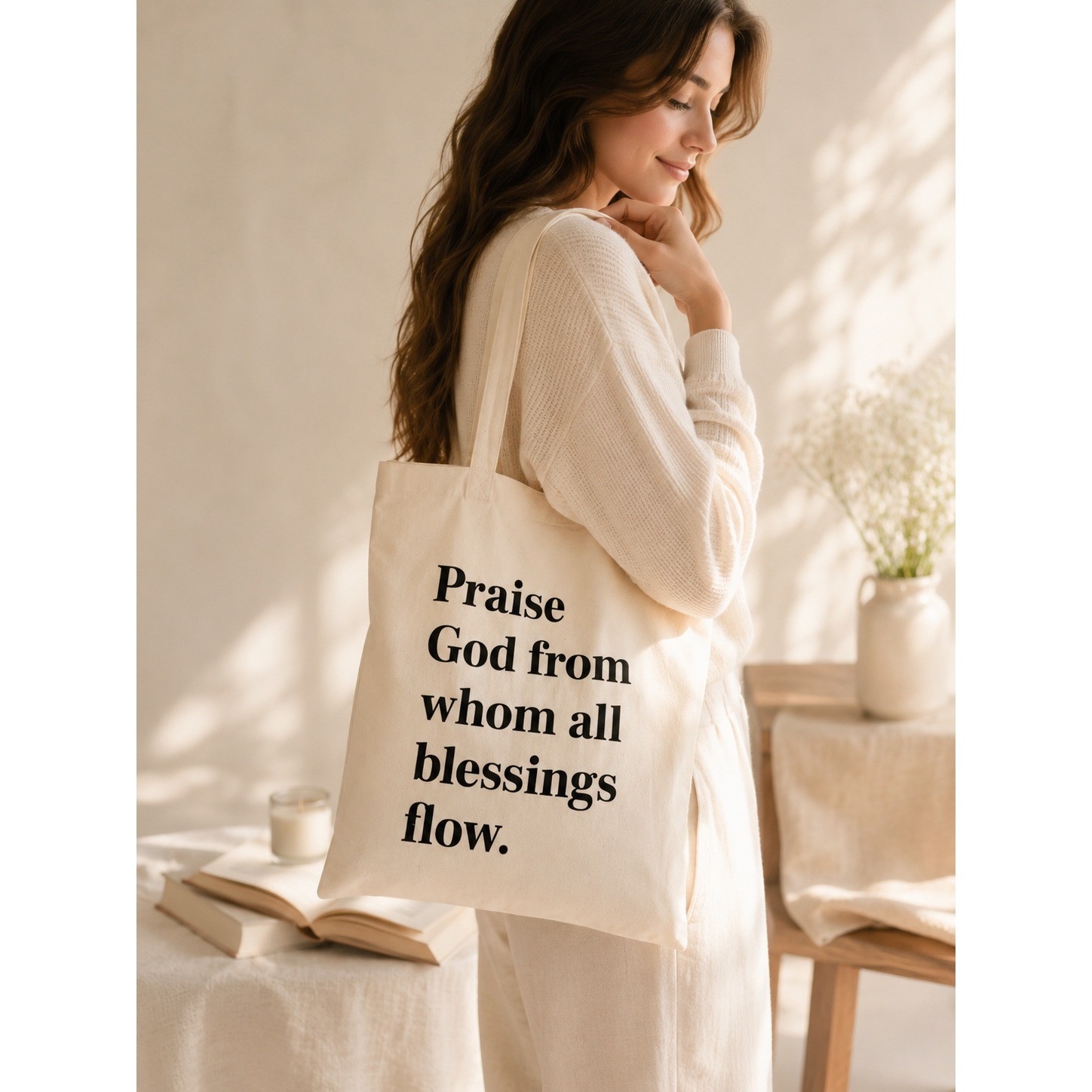 The Daily Grace Co Doxology Tote Bag Cream Canvas Praise God Quote New