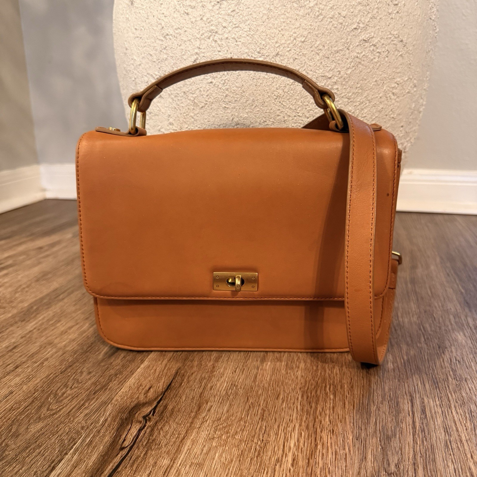 J.CREW Edie Purse Leather Handbag Top Handle British Tan Gold Turn Lock Classic