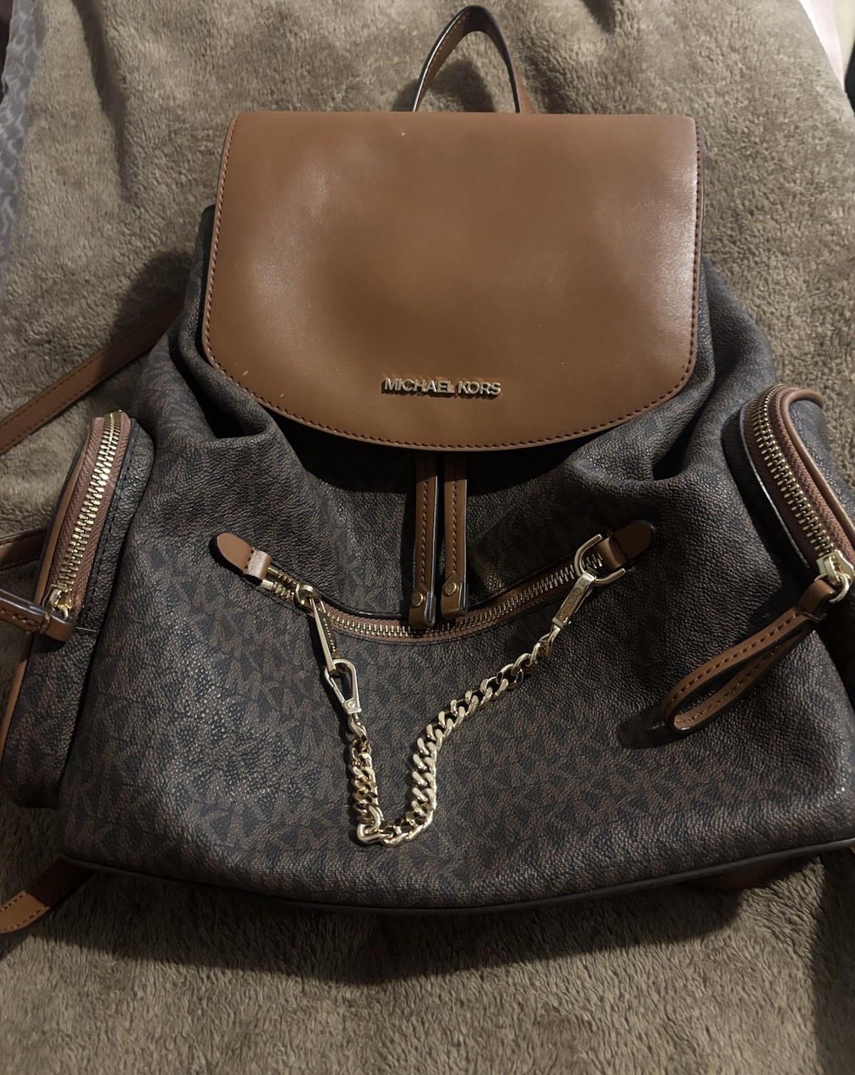 Michael Kors Monogram Logo Print Backpack Brown w/ Chain Detail, Charm, Pockets