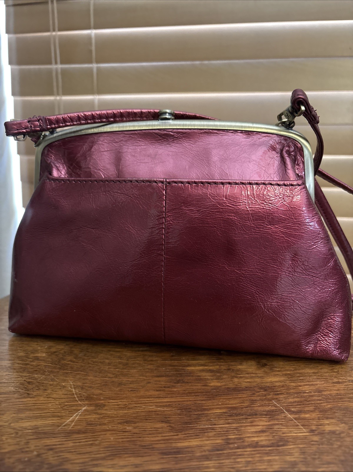 HOBO Lana Convertible Crossbody Bag Metallic Burgundy Leather Kiss Lock Clutch