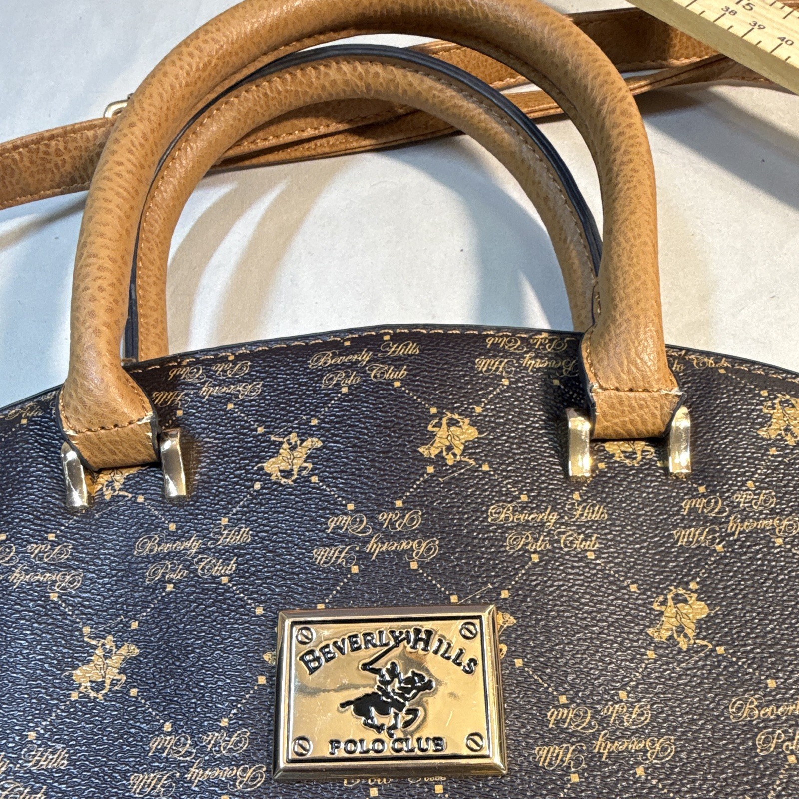 Beverly Hills Polo Club Medium Brown Tan Logo Satchel Zip Detach Strap Pockets