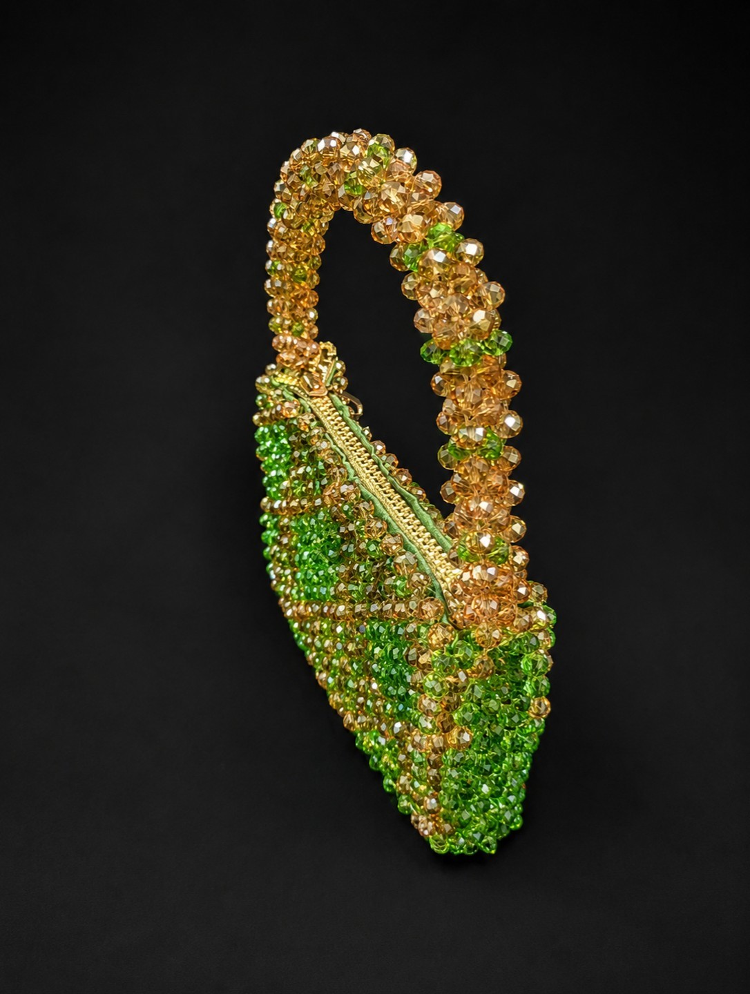 Beaded Shoulder Bag Green and Gold, Bridal Purse, Evening Handbag, fancy Clutch