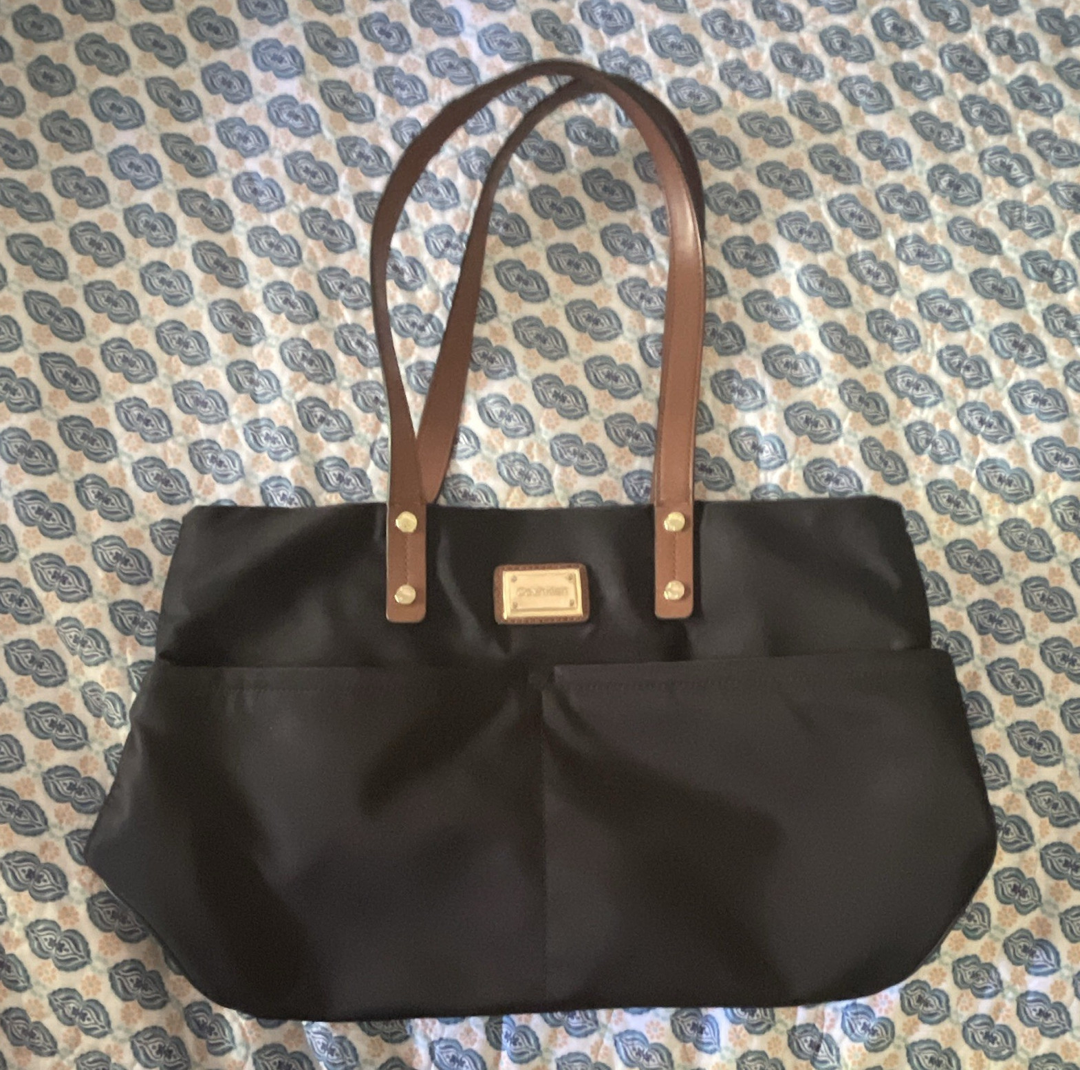 Calvin Klein Women’s Black Tote Brown Double Handles Gold Hardware Pockets