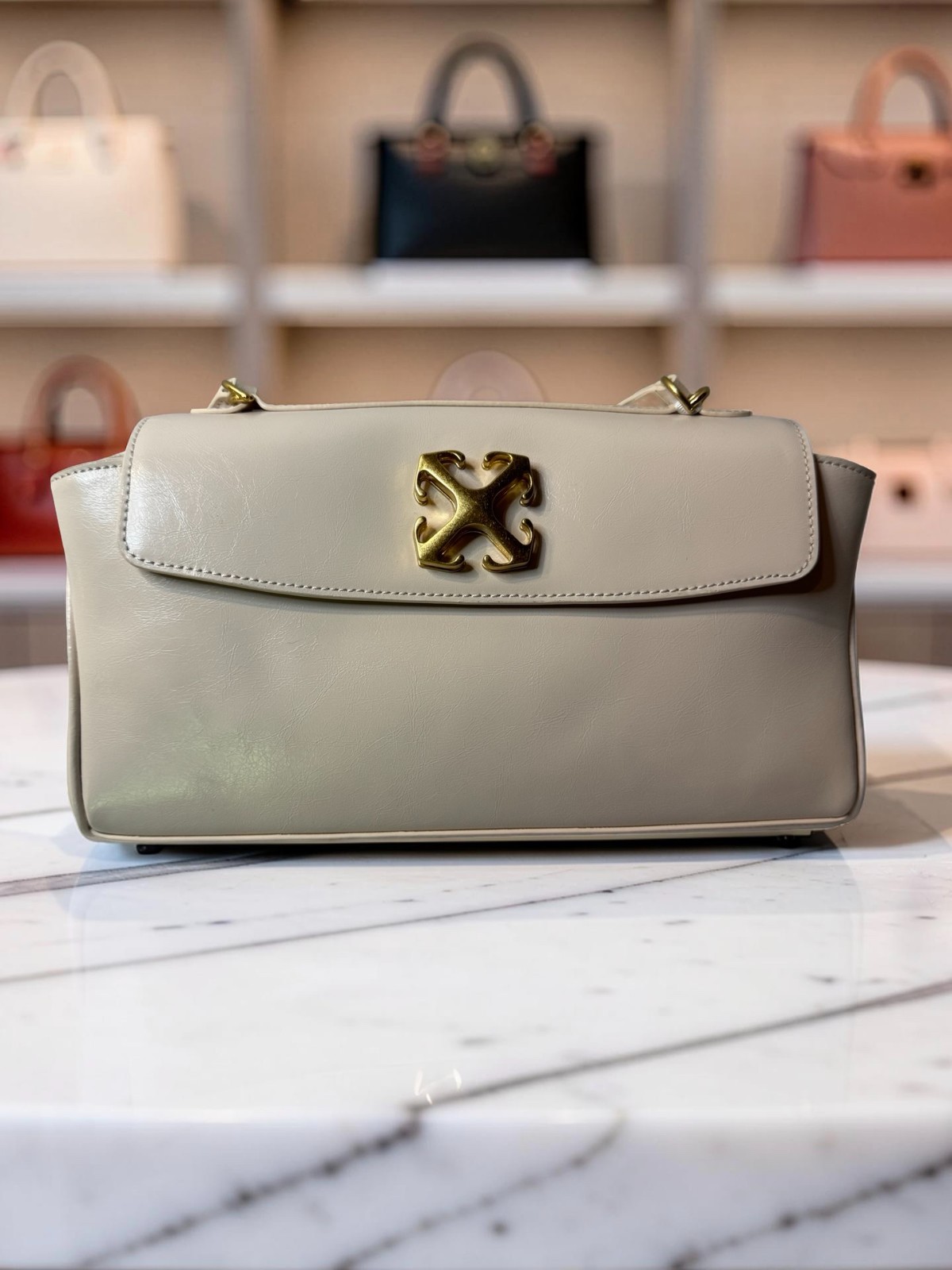 Off White Jitney East West Shoulder Bag Cream Leather Gold Arrow NWT Authentic
