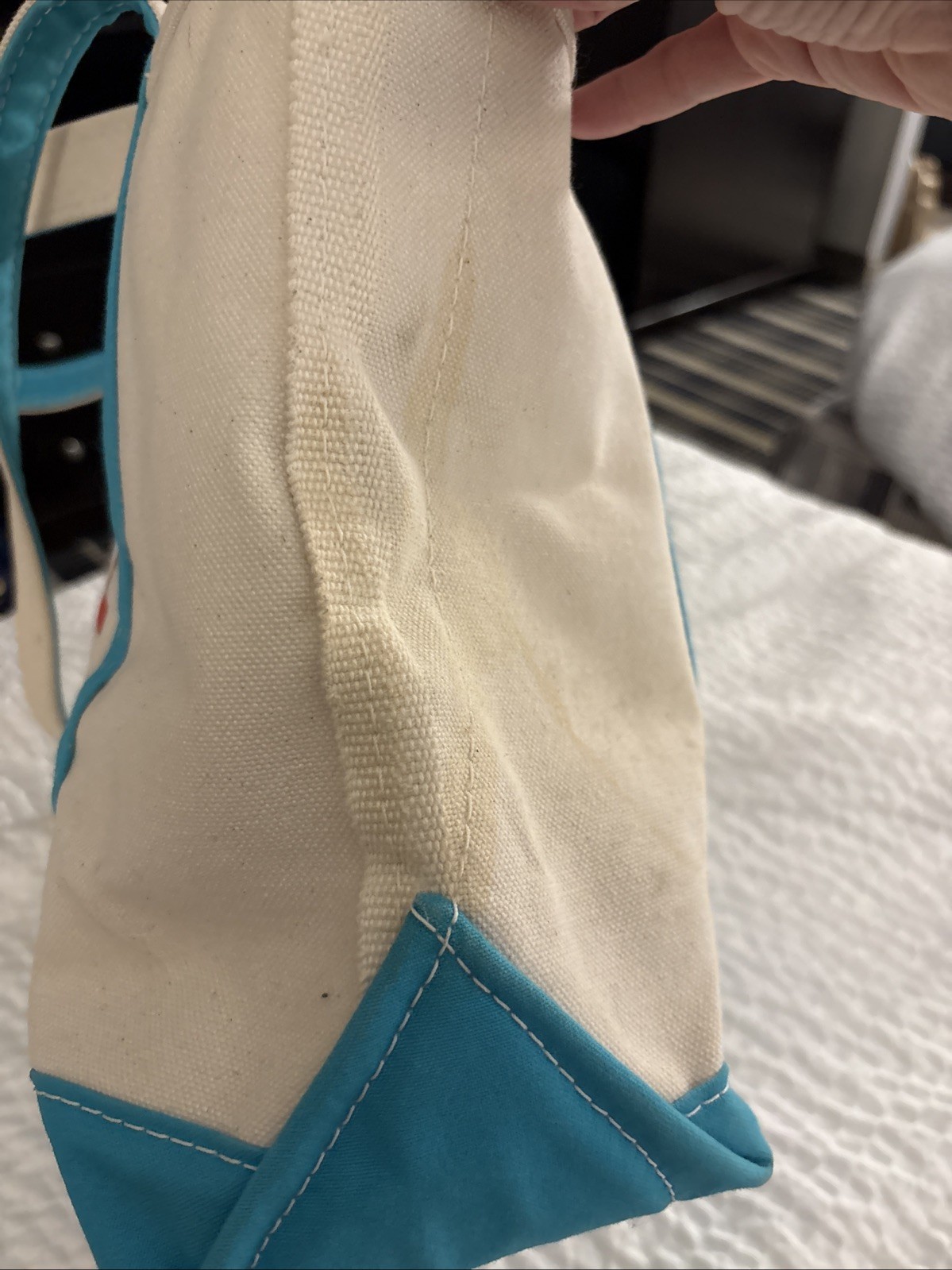 Stiff LL Bean Boat and Tote Bag Blue Aqua Small Long Handles Embroidered “ERL” *