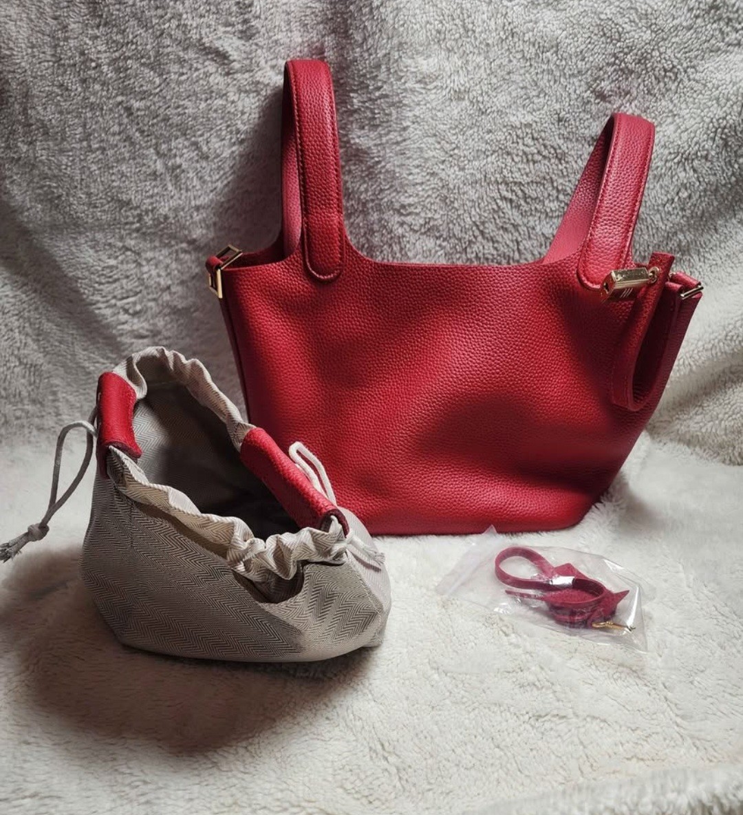 Red Pebbled Leather Mini Tote Bag w/ Insert & Strap – Chic & Structured